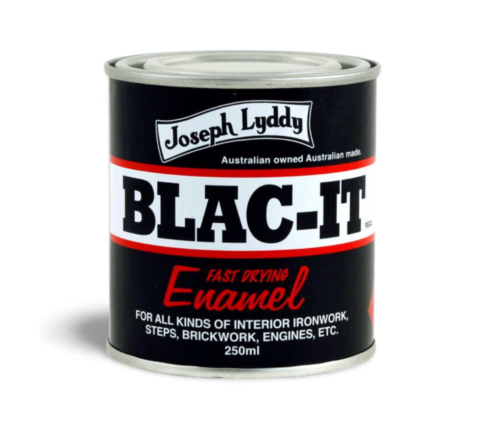 Can of Joseph Lyddy Blac-It fast drying enamel on a white background