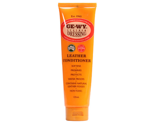 Orange tube of GE-WY leather conditioner on a white background