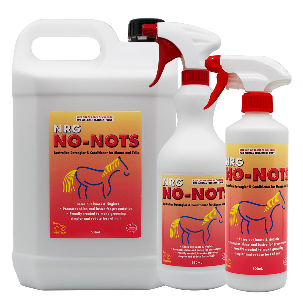 NRG NO-NOTS product bottles for horses on a white background