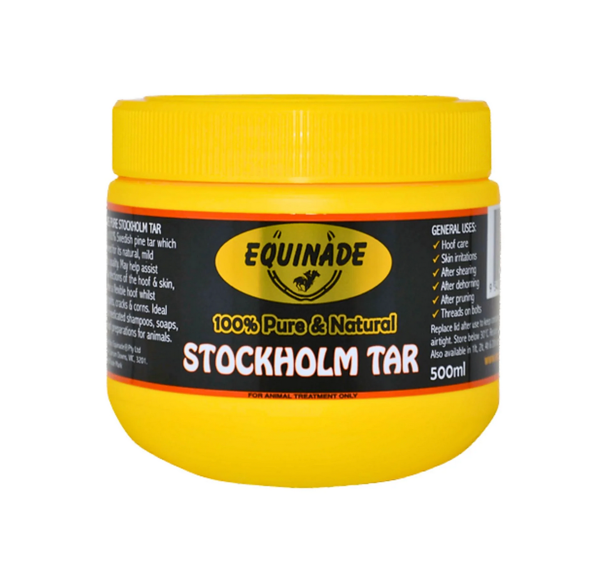 Yellow jar of Equinade Stockholm Tar on a white background