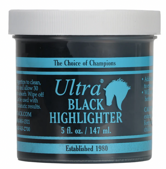 Ultra Black Highlighter jar with blue label and white lid on a white background