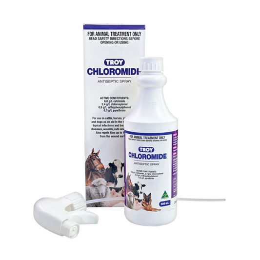 Troy Chloromide antiseptic spray bottle and packaging on a white background