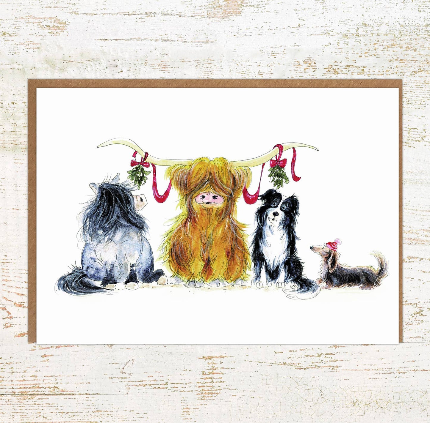 Highland Mistletoe - Highland Cow, Pony, Dogs Christmas Card
