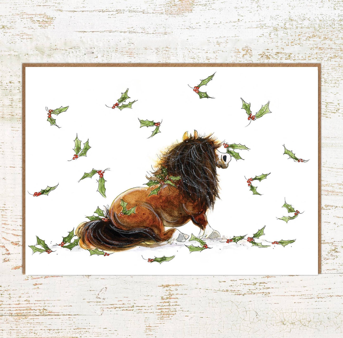 Holly Christmas Card - Shetland Pony Holiday Greeting Card