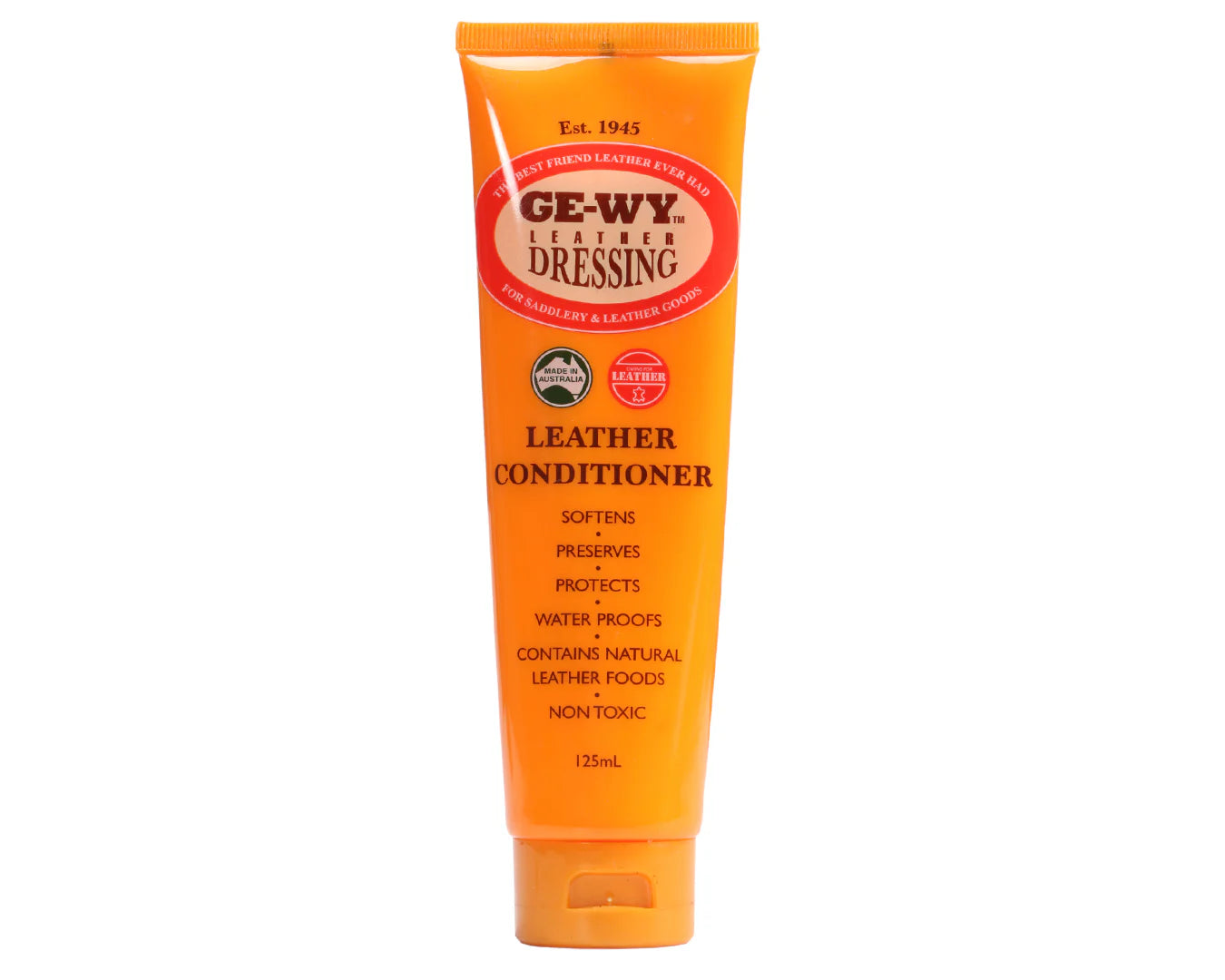 Orange tube of GE-WY leather conditioner on a white background