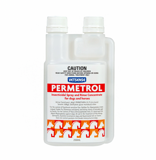 Permetrol insecticidal spray bottle for dogs and horses on a white background