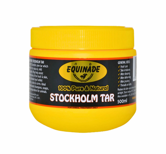 Yellow jar of Equinade Stockholm Tar on a white background