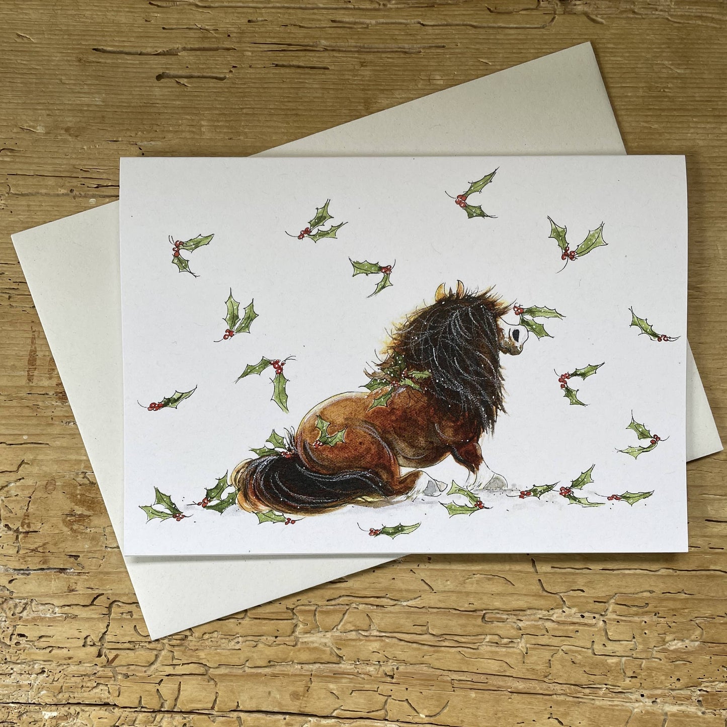 Holly Christmas Card - Shetland Pony Holiday Greeting Card