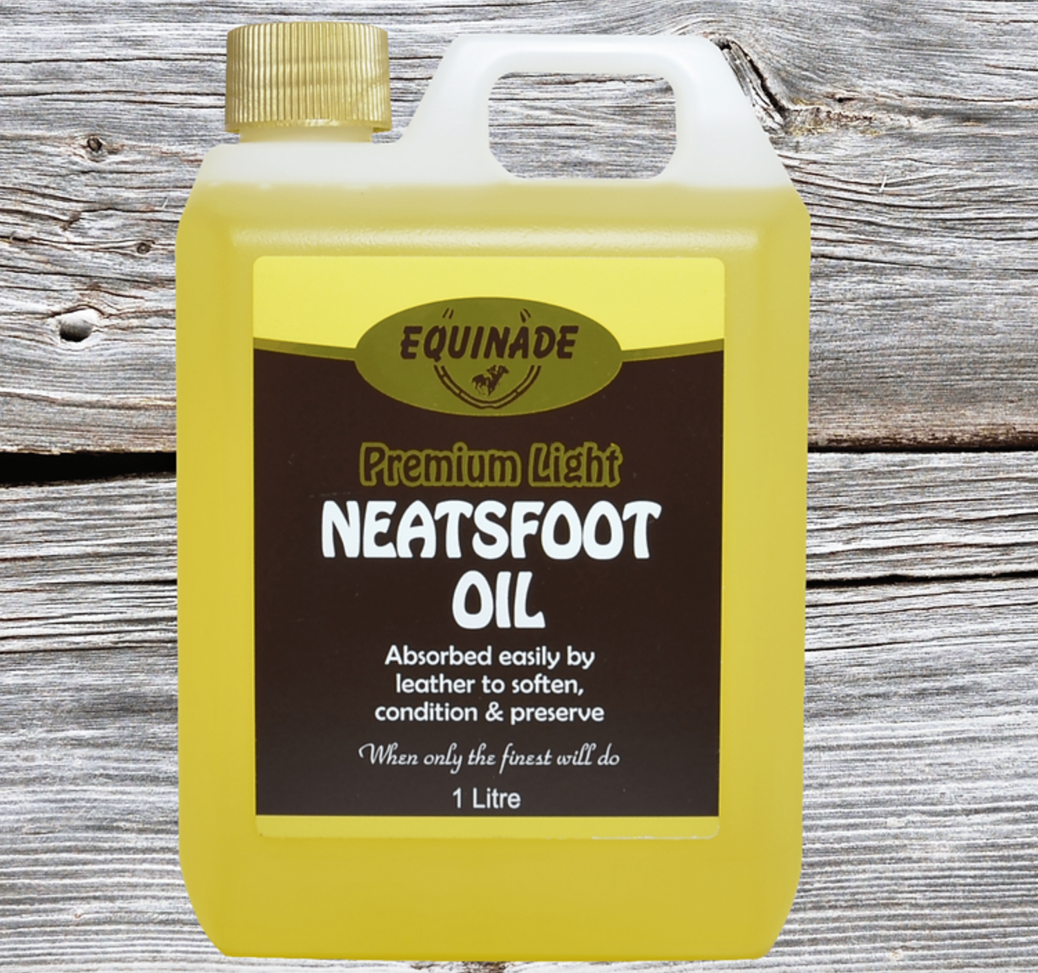 Neatsfoot oil container with Equinade branding on a wooden background